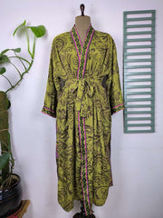 Upcycle Boho Chic Coverup Recycle Silk Sari Kimono Gorgeous Wardrobe Vintage Elegance House Robe | Duster Cardigan | Green Paisley Geometric - The Eastern Loom