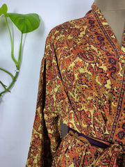 Upcycle Boho Chic Coverup Recycle Silk Sari Kimono Gorgeous Wardrobe Vintage Elegance House Robe | Duster Cardigan | Orange Persian Paisley - The Eastern Loom
