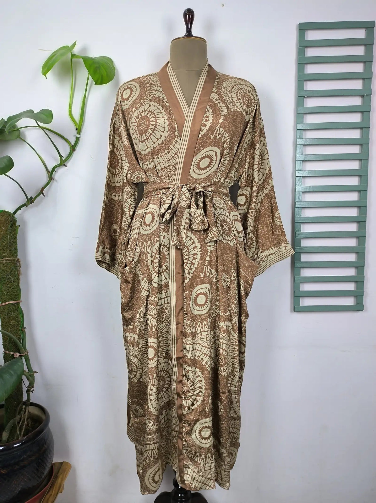 Upcycle Boho Chic Coverup Recycle Silk Sari Kimono Gorgeous Wardrobe Vintage Elegance House Robe | Duster Cardigan Pastel Beige Mandala - The Eastern Loom