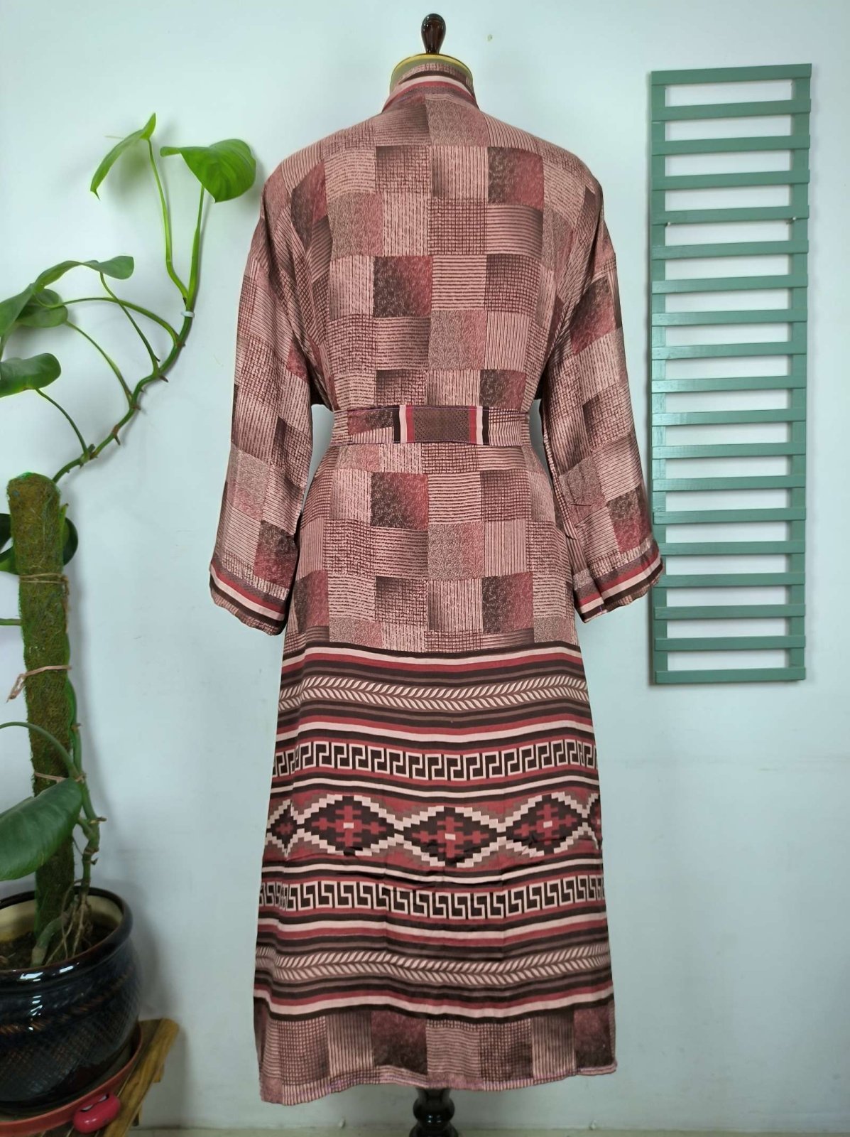 Upcycle Boho Chic Coverup Recycle Silk Sari Kimono Gorgeous Wardrobe Vintage Elegance House Robe | Duster Cardigan Pink Brown Hues Geometric - The Eastern Loom