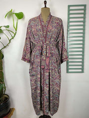 Upcycle Boho Chic Coverup Recycle Silk Sari Kimono Gorgeous Wardrobe Vintage Elegance House Robe | Duster Cardigan Pink Hue Persian Paisley - The Eastern Loom