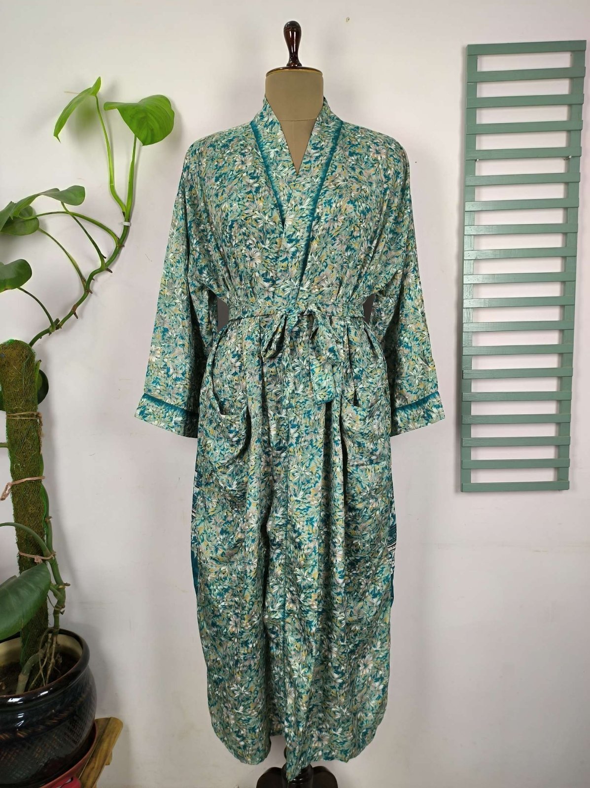 Upcycle Boho Chic Coverup Recycle Silk Sari Kimono Gorgeous Wardrobe Vintage Elegance House Robe | Duster Cardigan | Teal White Hues Floral - The Eastern Loom
