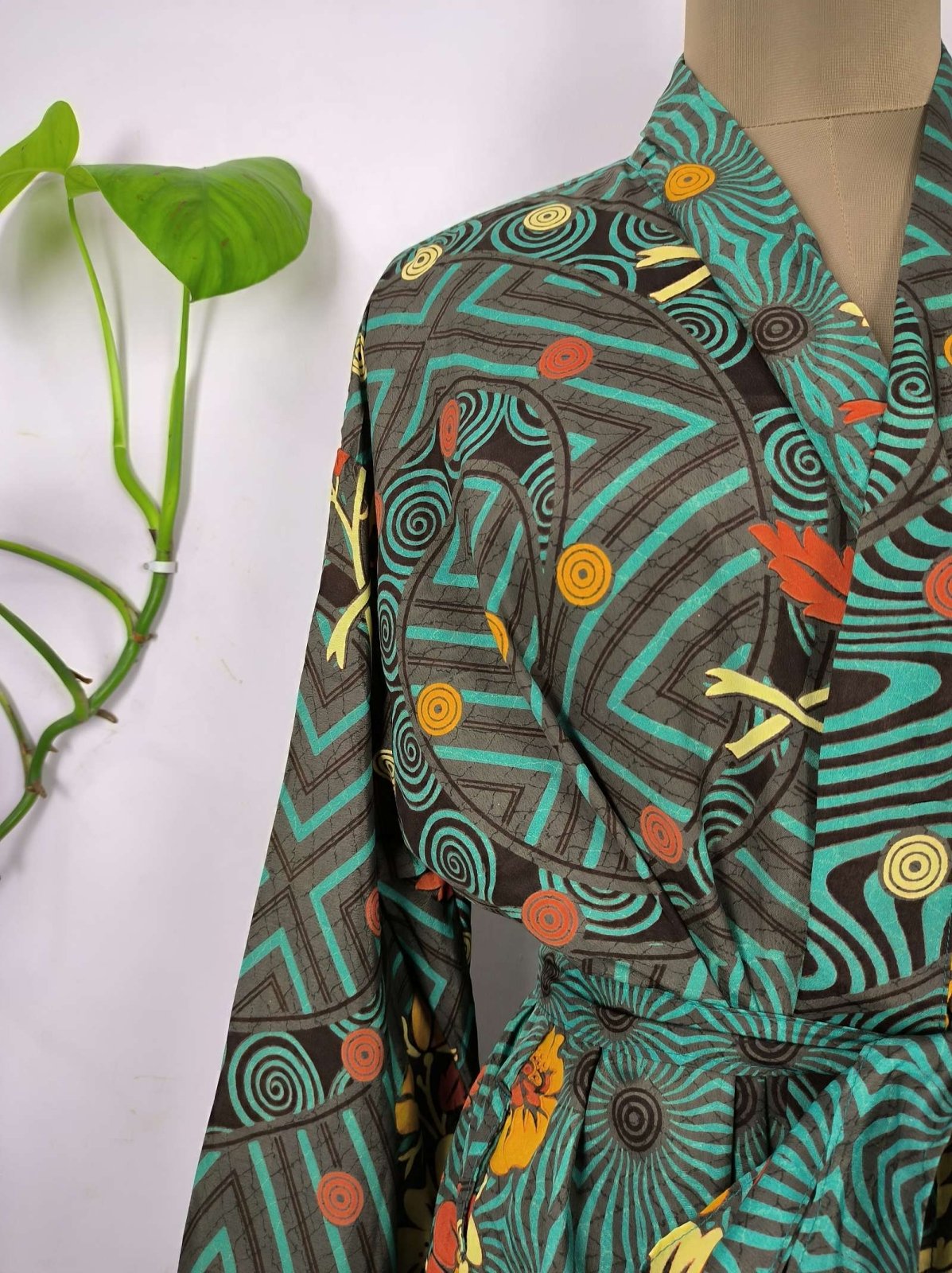 Upcycle Boho Chic Coverup Recycle Silk Sari Kimono Gorgeous Wardrobe Vintage Elegance House Robe Duster Cardigan Turquoise Yellow Geometric - The Eastern Loom
