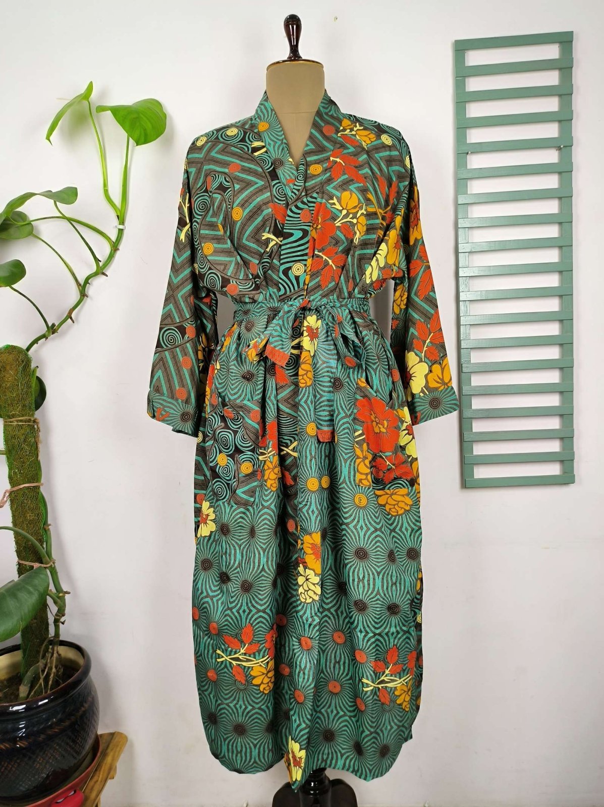 Upcycle Boho Chic Coverup Recycle Silk Sari Kimono Gorgeous Wardrobe Vintage Elegance House Robe Duster Cardigan Turquoise Yellow Geometric - The Eastern Loom