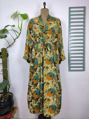 Upcycle Boho Chic Coverup Recycle Silk Sari Kimono Gorgeous Wardrobe Vintage Elegance House Robe | Duster Cardigan Yellow Black Hues Floral - The Eastern Loom