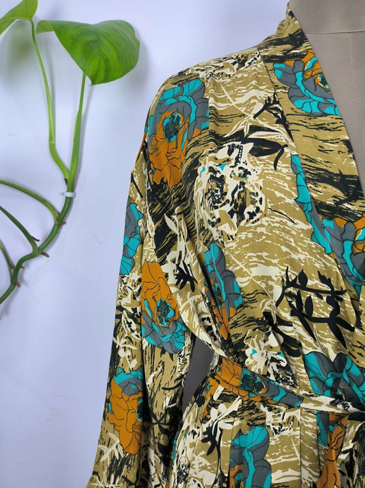 Upcycle Boho Chic Coverup Recycle Silk Sari Kimono Gorgeous Wardrobe Vintage Elegance House Robe | Duster Cardigan Yellow Black Hues Floral - The Eastern Loom