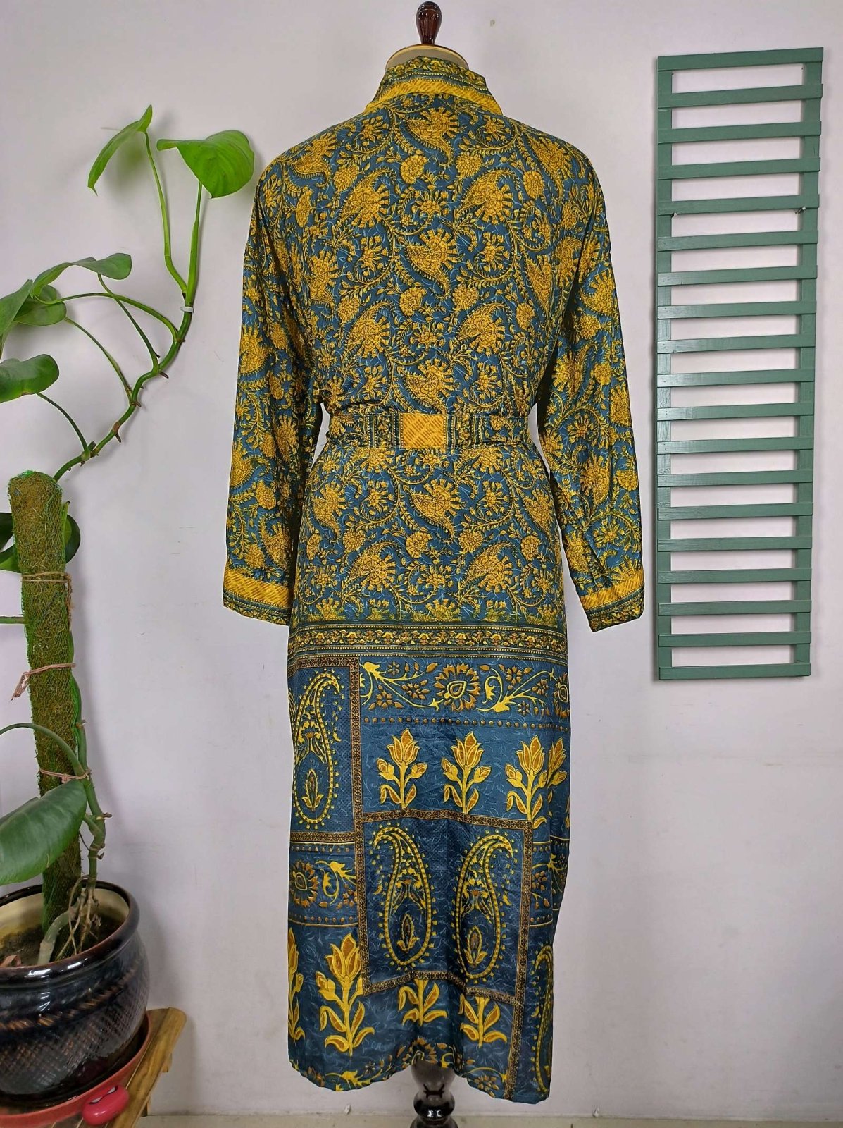 Upcycle Boho Chic Coverup Recycle Silk Sari Kimono Gorgeous Wardrobe Vintage Elegance House Robe | Duster Cardigan | Yellow Gray Persian - The Eastern Loom
