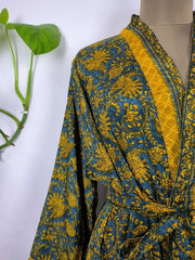 Upcycle Boho Chic Coverup Recycle Silk Sari Kimono Gorgeous Wardrobe Vintage Elegance House Robe | Duster Cardigan | Yellow Gray Persian - The Eastern Loom