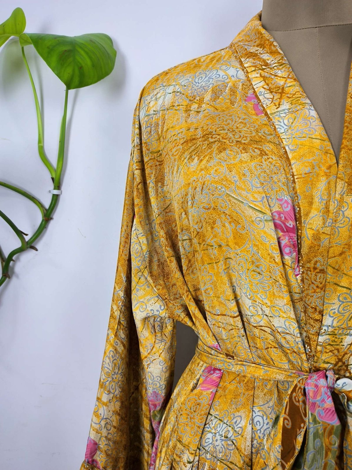 Upcycle Boho Chic Coverup Recycle Silk Sari Kimono Gorgeous Wardrobe Vintage Elegance House Robe | Duster Cardigan Yellow Hue Persian Floral - The Eastern Loom