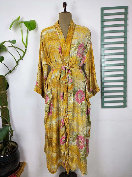 Upcycle Boho Chic Coverup Recycle Silk Sari Kimono Gorgeous Wardrobe Vintage Elegance House Robe | Duster Cardigan Yellow Hue Persian Floral - The Eastern Loom