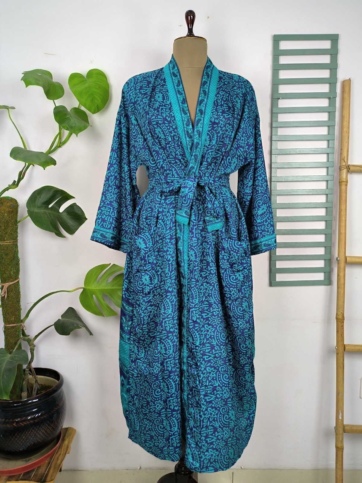 Upcycle Sustainable Boho Chic Coverup Recycle Silk Sari Kimono Gorgeous Wardrobe Vintage Elegance House Robe | Duster Cardigan | Aqua Blue Floral - The Eastern Loom