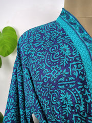 Upcycle Sustainable Boho Chic Coverup Recycle Silk Sari Kimono Gorgeous Wardrobe Vintage Elegance House Robe | Duster Cardigan | Aqua Blue Floral - The Eastern Loom