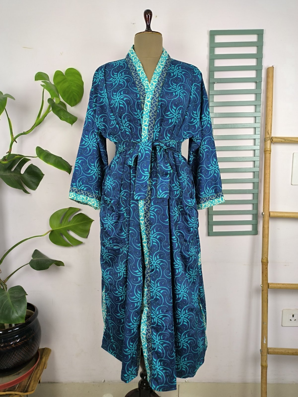 Upcycle Sustainable Boho Chic Coverup Recycle Silk Sari Kimono Gorgeous Wardrobe Vintage Elegance House Robe | Duster Cardigan | Blue Hues Floral - The Eastern Loom