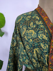 Upcycle Sustainable Boho Chic Coverup Recycle Silk Sari Kimono Gorgeous Wardrobe Vintage Elegance House Robe | Duster Cardigan | Forest Green Leaves - The Eastern Loom