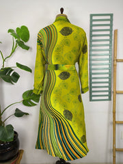 Upcycle Sustainable Boho Chic Coverup Recycle Silk Sari Kimono Gorgeous Wardrobe Vintage Elegance House Robe | Duster Cardigan | Green Geometry Print - The Eastern Loom