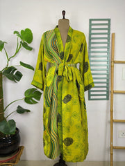 Upcycle Sustainable Boho Chic Coverup Recycle Silk Sari Kimono Gorgeous Wardrobe Vintage Elegance House Robe | Duster Cardigan | Green Geometry Print - The Eastern Loom