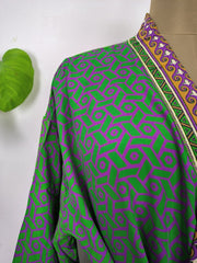 Upcycle Sustainable Boho Chic Coverup Recycle Silk Sari Kimono Gorgeous Wardrobe Vintage Elegance House Robe | Duster Cardigan | Green Purple Print - The Eastern Loom