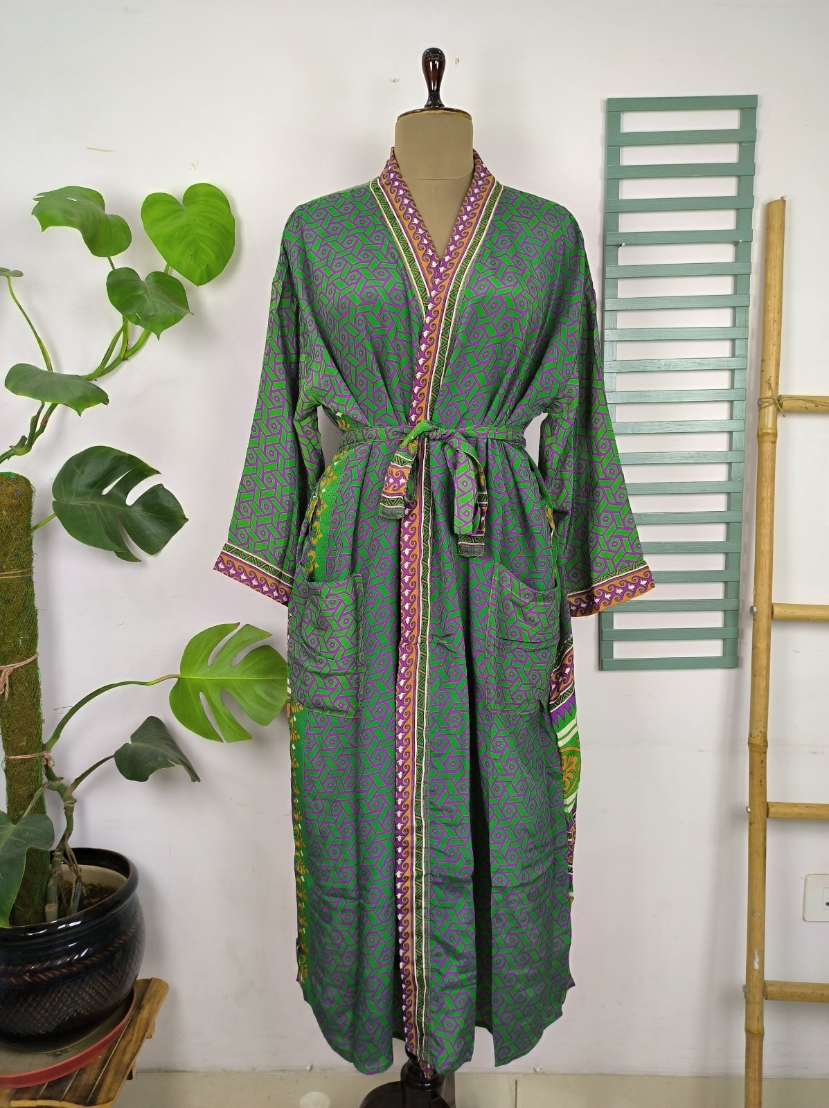 Upcycle Sustainable Boho Chic Coverup Recycle Silk Sari Kimono Gorgeous Wardrobe Vintage Elegance House Robe | Duster Cardigan | Green Purple Print - The Eastern Loom