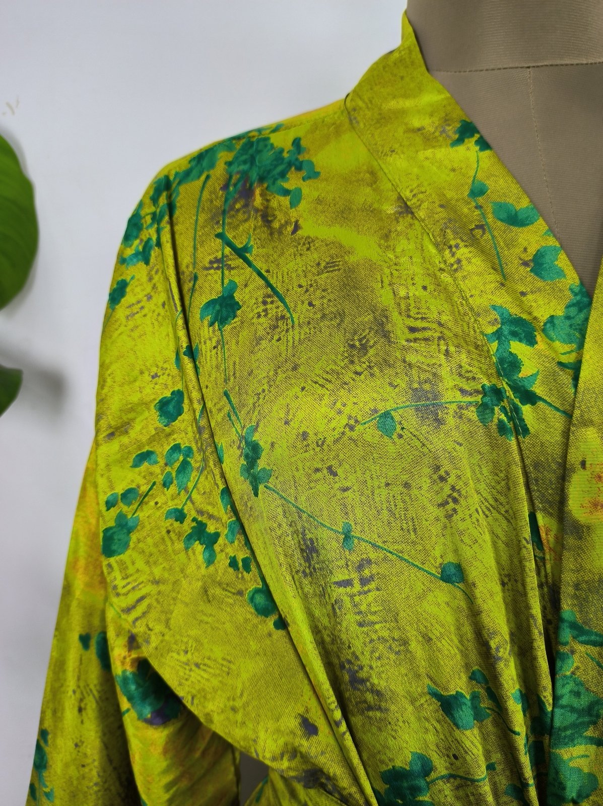Upcycle Sustainable Boho Chic Coverup Recycle Silk Sari Kimono Gorgeous Wardrobe Vintage Elegance House Robe | Duster Cardigan | Lime Green Forest - The Eastern Loom