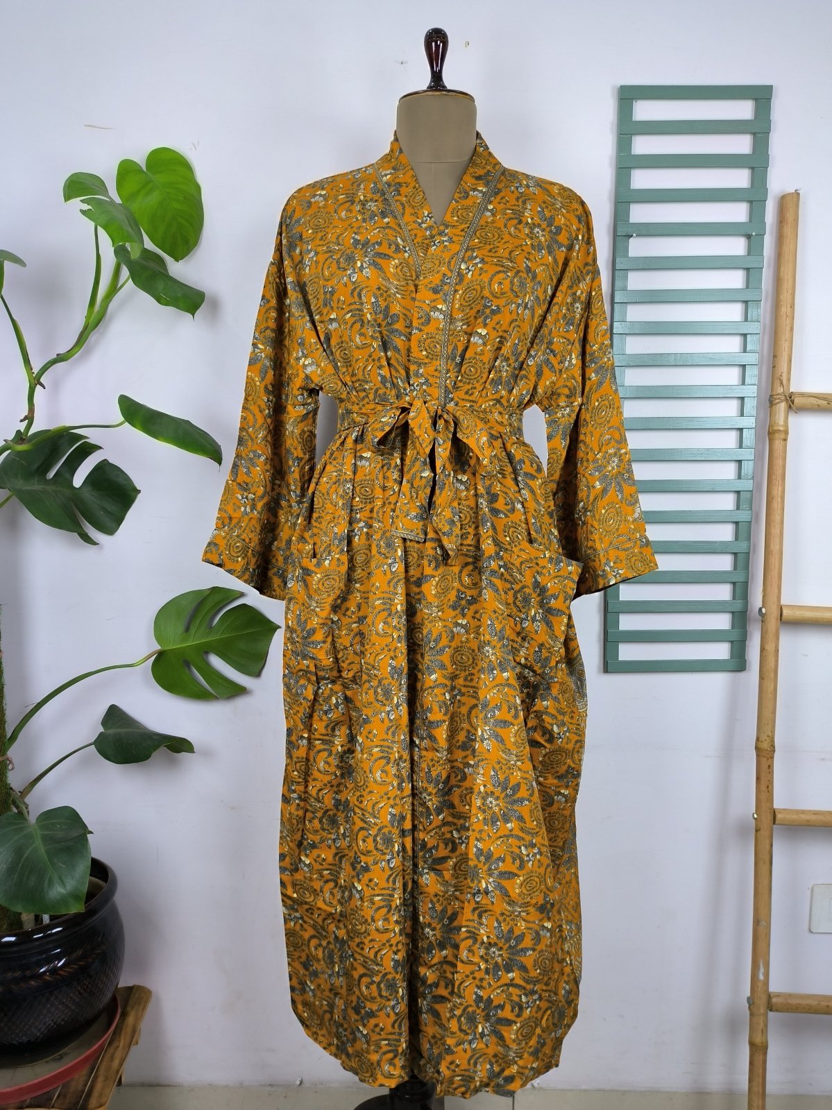 Upcycle Sustainable Boho Chic Coverup Recycle Silk Sari Kimono Gorgeous Wardrobe Vintage Elegance House Robe | Duster Cardigan | Orange Gray Floral - The Eastern Loom