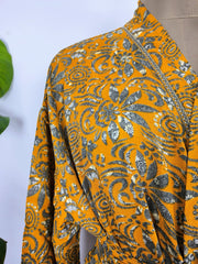 Upcycle Sustainable Boho Chic Coverup Recycle Silk Sari Kimono Gorgeous Wardrobe Vintage Elegance House Robe | Duster Cardigan | Orange Gray Floral - The Eastern Loom