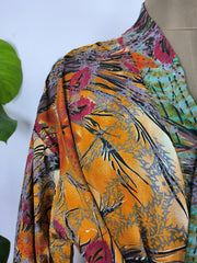 Upcycle Sustainable Boho Chic Coverup Recycle Silk Sari Kimono Gorgeous Wardrobe Vintage Elegance House Robe | Duster Cardigan | Orange Sunset Tree - The Eastern Loom