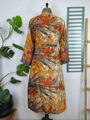 Upcycle Sustainable Boho Chic Coverup Recycle Silk Sari Kimono Gorgeous Wardrobe Vintage Elegance House Robe | Duster Cardigan | Orange Sunset Tree - The Eastern Loom