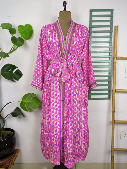 Upcycle Sustainable Boho Chic Coverup Recycle Silk Sari Kimono Gorgeous Wardrobe Vintage Elegance House Robe | Duster Cardigan | Pink Geometrical Print - The Eastern Loom