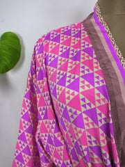 Upcycle Sustainable Boho Chic Coverup Recycle Silk Sari Kimono Gorgeous Wardrobe Vintage Elegance House Robe | Duster Cardigan | Pink Geometrical Print - The Eastern Loom