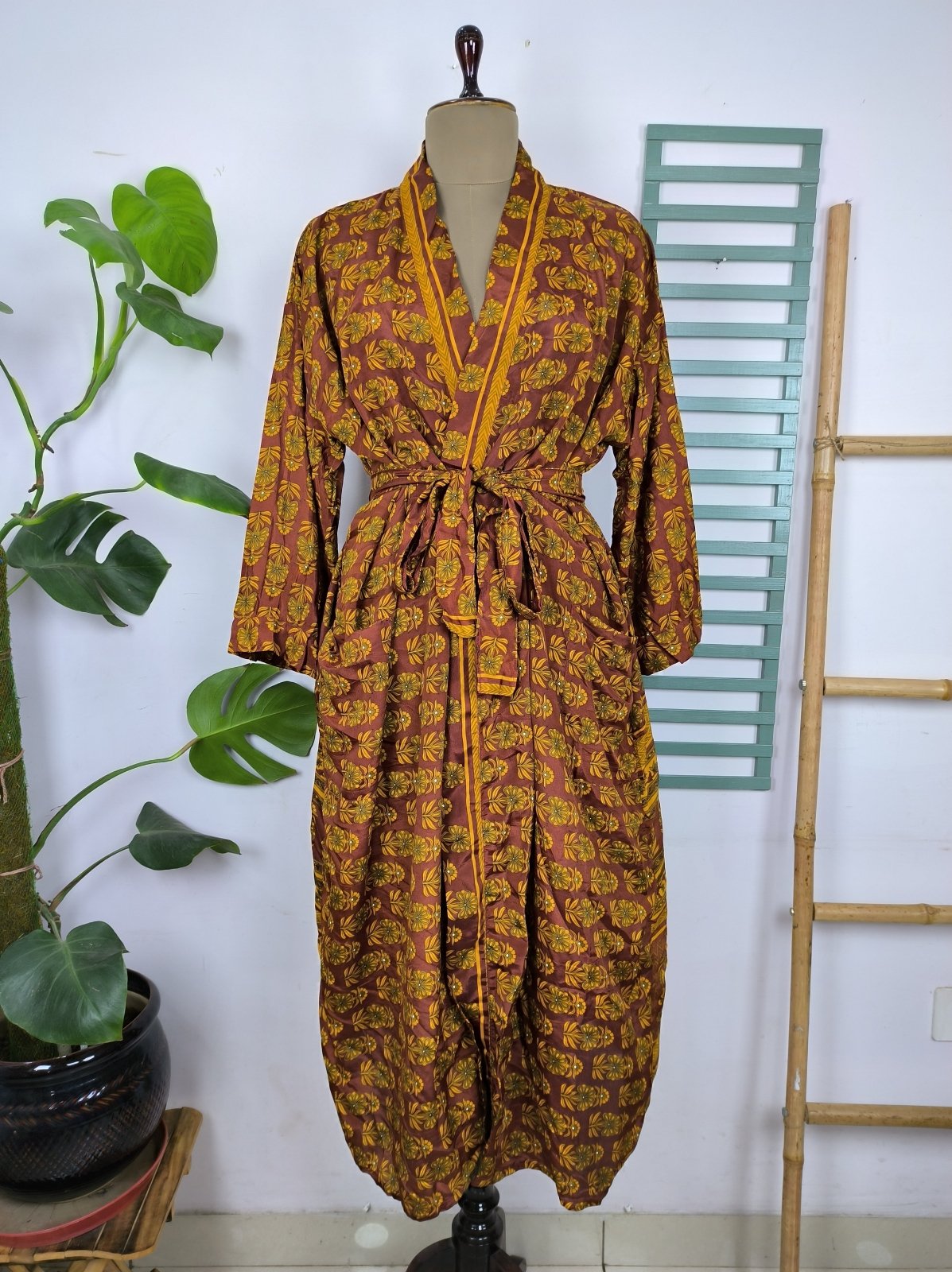 Upcycle Sustainable Boho Chic Coverup Recycle Silk Sari Kimono Gorgeous Wardrobe Vintage Elegance House Robe | Duster Cardigan | Rust Brown Floral - The Eastern Loom