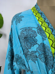 Upcycle Sustainable Boho Chic Coverup Recycle Silk Sari Kimono Gorgeous Wardrobe Vintage Elegance House Robe | Duster Cardigan | Sea Blue Floral - The Eastern Loom