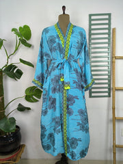 Upcycle Sustainable Boho Chic Coverup Recycle Silk Sari Kimono Gorgeous Wardrobe Vintage Elegance House Robe | Duster Cardigan | Sea Blue Floral - The Eastern Loom