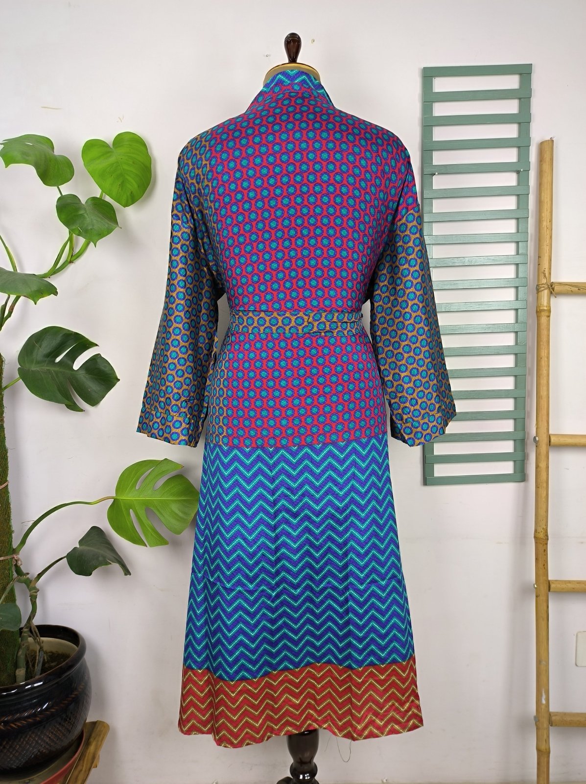 Upcycle Sustainable Boho Chic Coverup Recycle Silk Sari Kimono Gorgeous Wardrobe Vintage Elegance House Robe | Duster Cardigan | Turquoise Blue Polka - The Eastern Loom