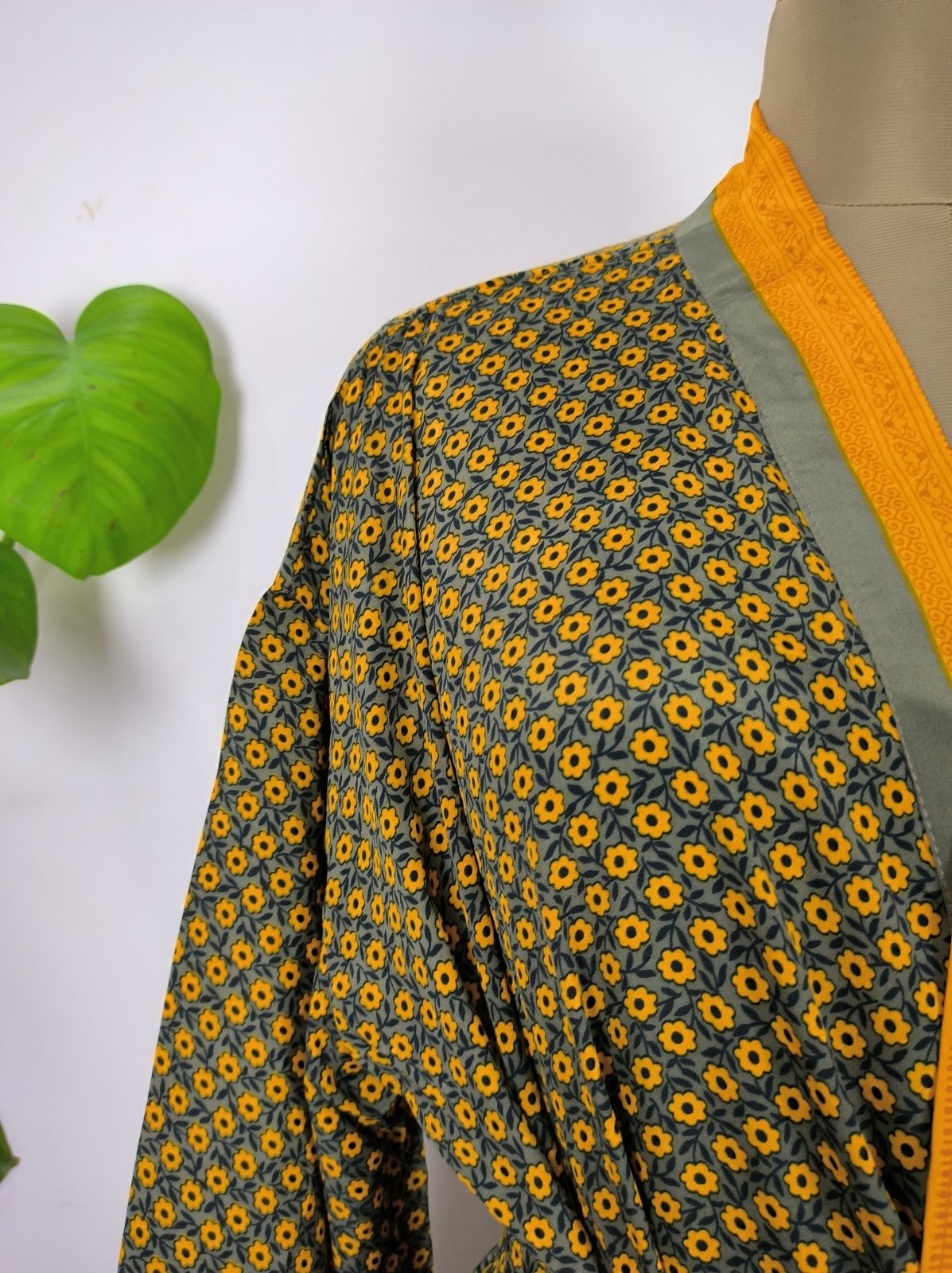 Upcycle Sustainable Boho Chic Coverup Recycle Silk Sari Kimono Gorgeous Wardrobe Vintage Elegance House Robe | Duster Cardigan | Yellow Blossoms - The Eastern Loom