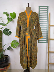 Upcycle Sustainable Boho Chic Coverup Recycle Silk Sari Kimono Gorgeous Wardrobe Vintage Elegance House Robe | Duster Cardigan | Yellow Blossoms - The Eastern Loom