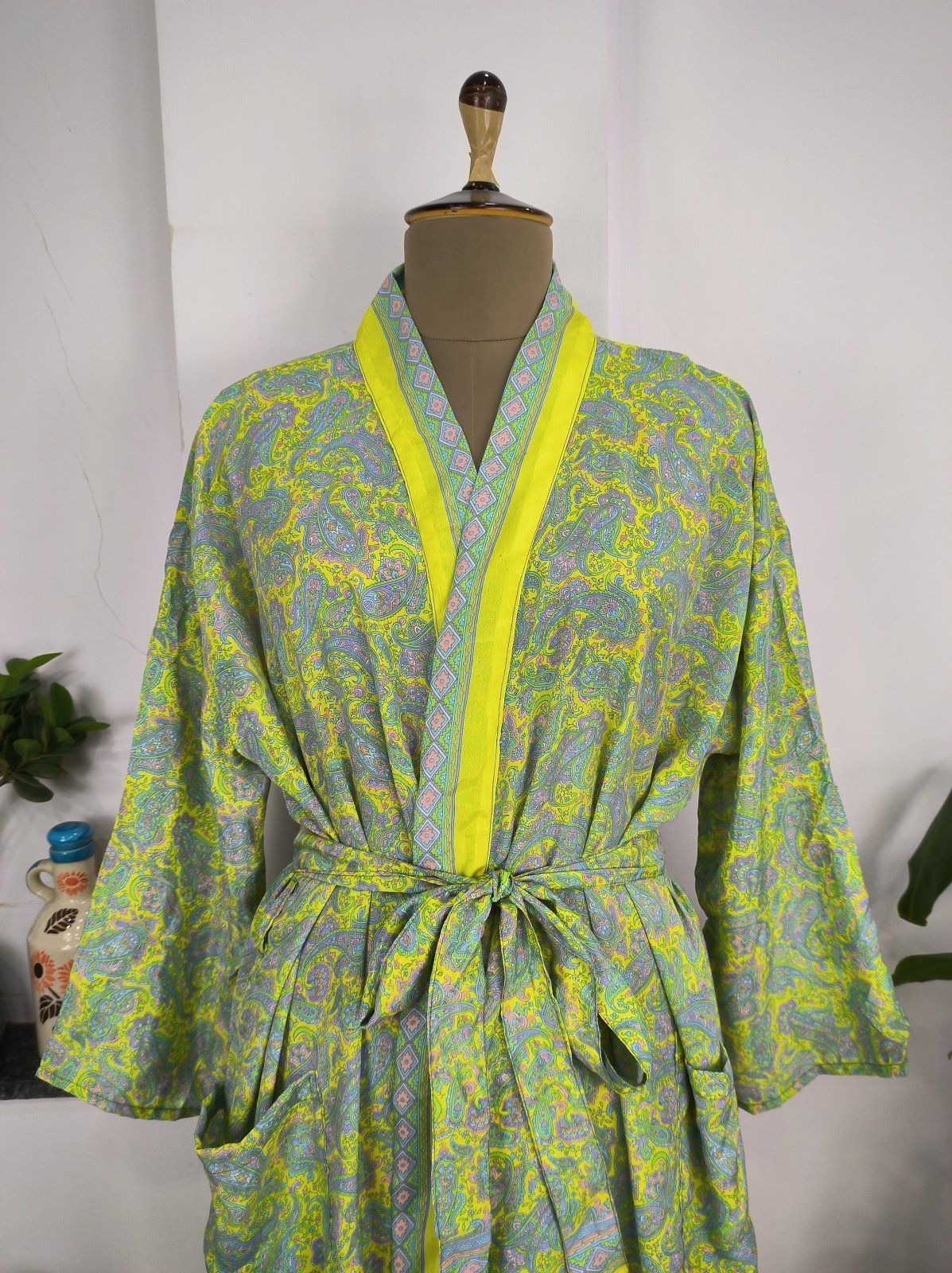 Upcycle Sustainable Boho Chic Coverup Silk Sari Kimono Gorgeous Wardrobe Vintage Elegance House Robe | Duster Cardigan | Yellow Lime Paisley - The Eastern Loom