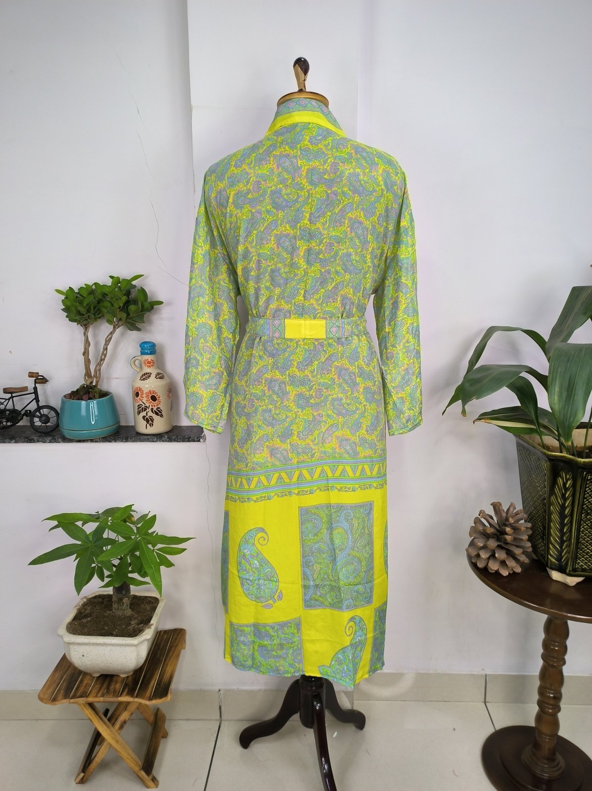 Upcycle Sustainable Boho Chic Coverup Silk Sari Kimono Gorgeous Wardrobe Vintage Elegance House Robe | Duster Cardigan | Yellow Lime Paisley - The Eastern Loom