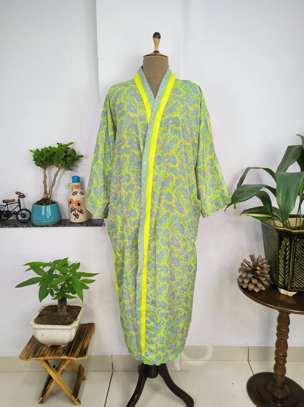 Upcycle Sustainable Boho Chic Coverup Silk Sari Kimono Gorgeous Wardrobe Vintage Elegance House Robe | Duster Cardigan | Yellow Lime Paisley - The Eastern Loom