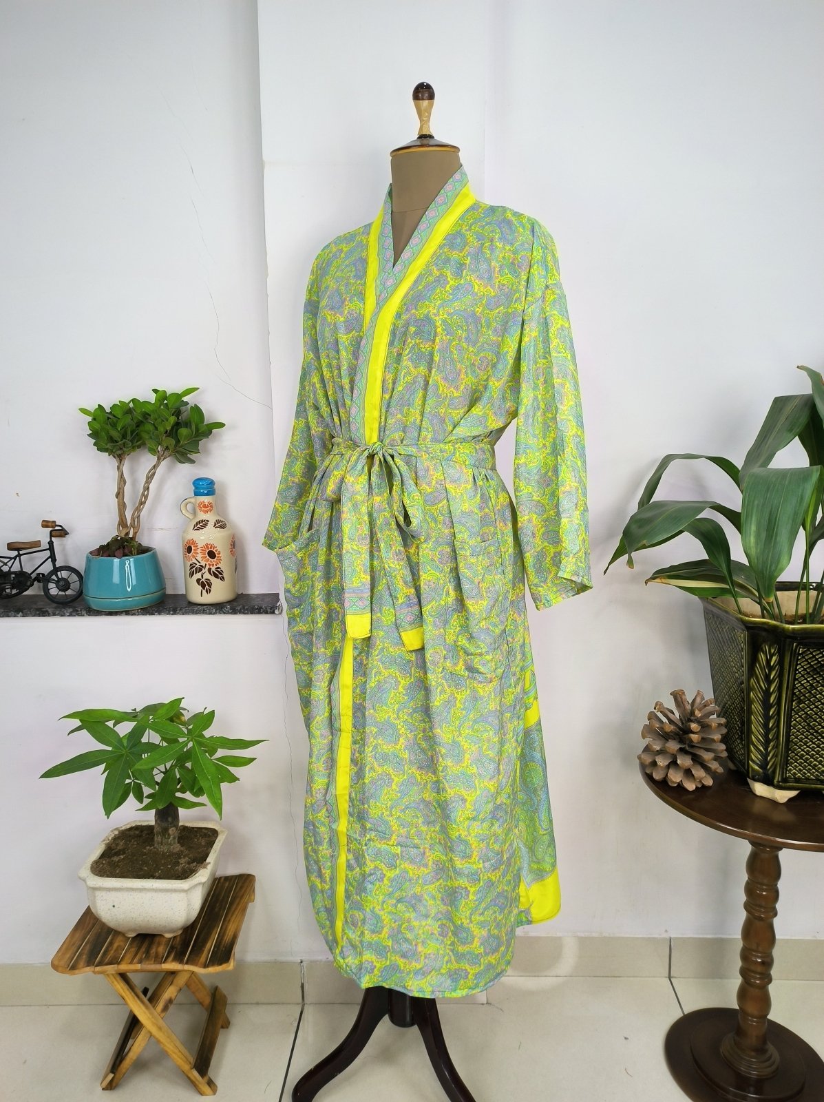 Upcycle Sustainable Boho Chic Coverup Silk Sari Kimono Gorgeous Wardrobe Vintage Elegance House Robe | Duster Cardigan | Yellow Lime Paisley - The Eastern Loom