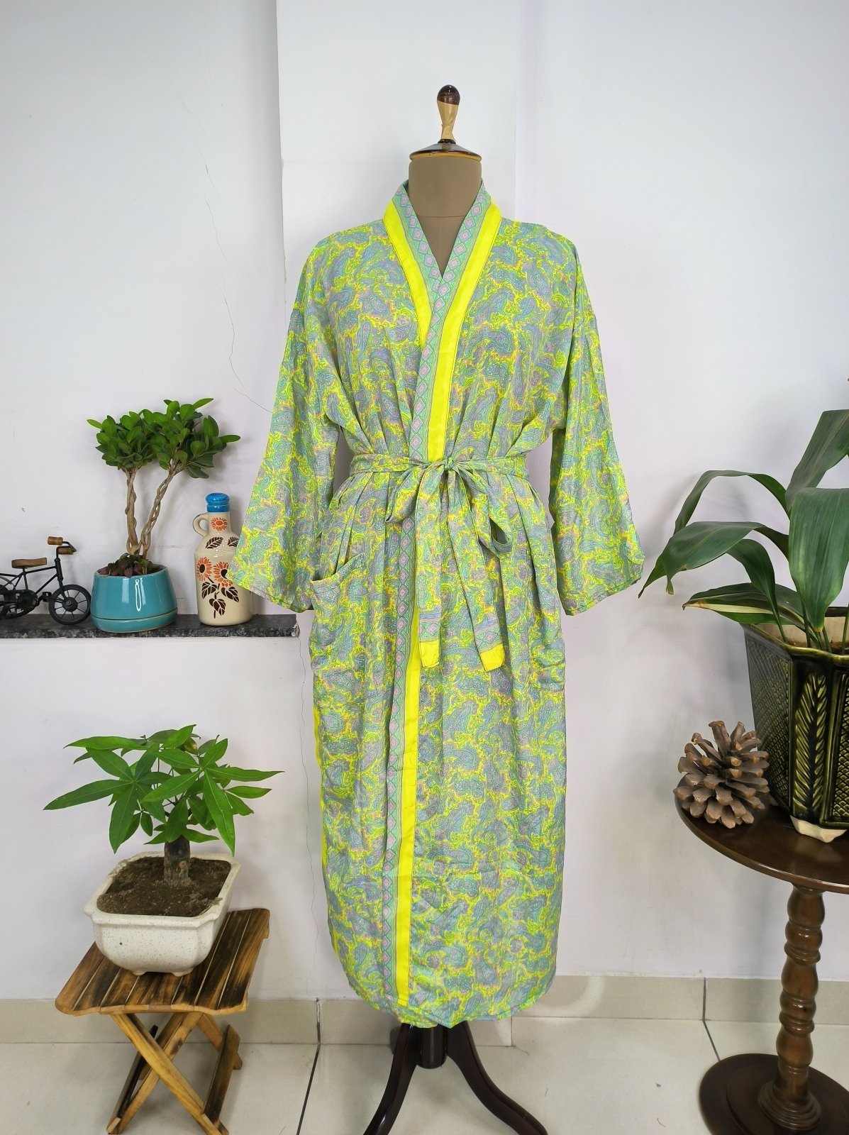 Upcycle Sustainable Boho Chic Coverup Silk Sari Kimono Gorgeous Wardrobe Vintage Elegance House Robe | Duster Cardigan | Yellow Lime Paisley - The Eastern Loom