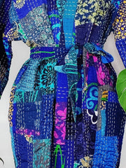 Vintage Silk Kantha Reversible Cotton Quirky Kimono Jacket Sustainable Eco Friendly | Vegan Boho Gift | Blue Purple Bright Yellow Turquoise - The Eastern Loom