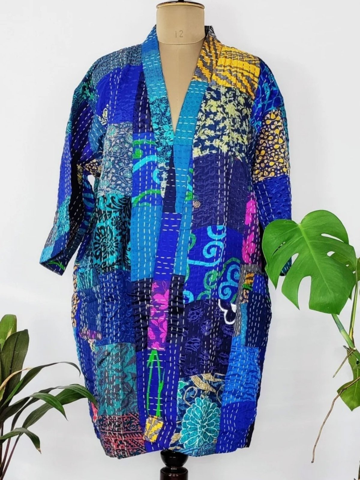 Vintage Silk Kantha Reversible Cotton Quirky Kimono Jacket Sustainable Eco Friendly | Vegan Boho Gift | Blue Purple Bright Yellow Turquoise - The Eastern Loom