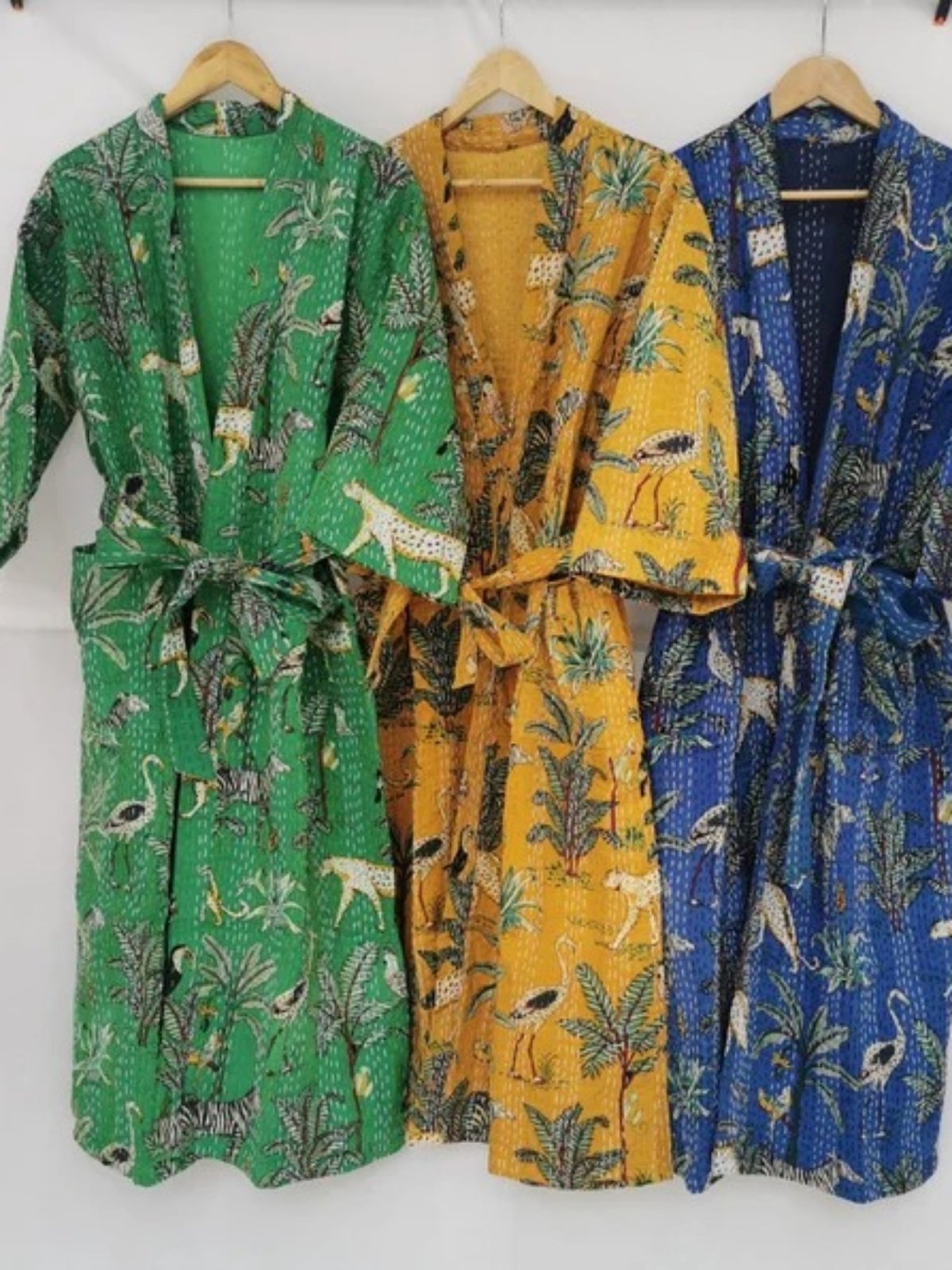 Women Reversible Long Kimono Jacket Kantha Stitch 100% Cotton | Handmade Robe | For Her Anniversary Gift | Beautiful Blue Cheetah Animal - The Eastern Loom