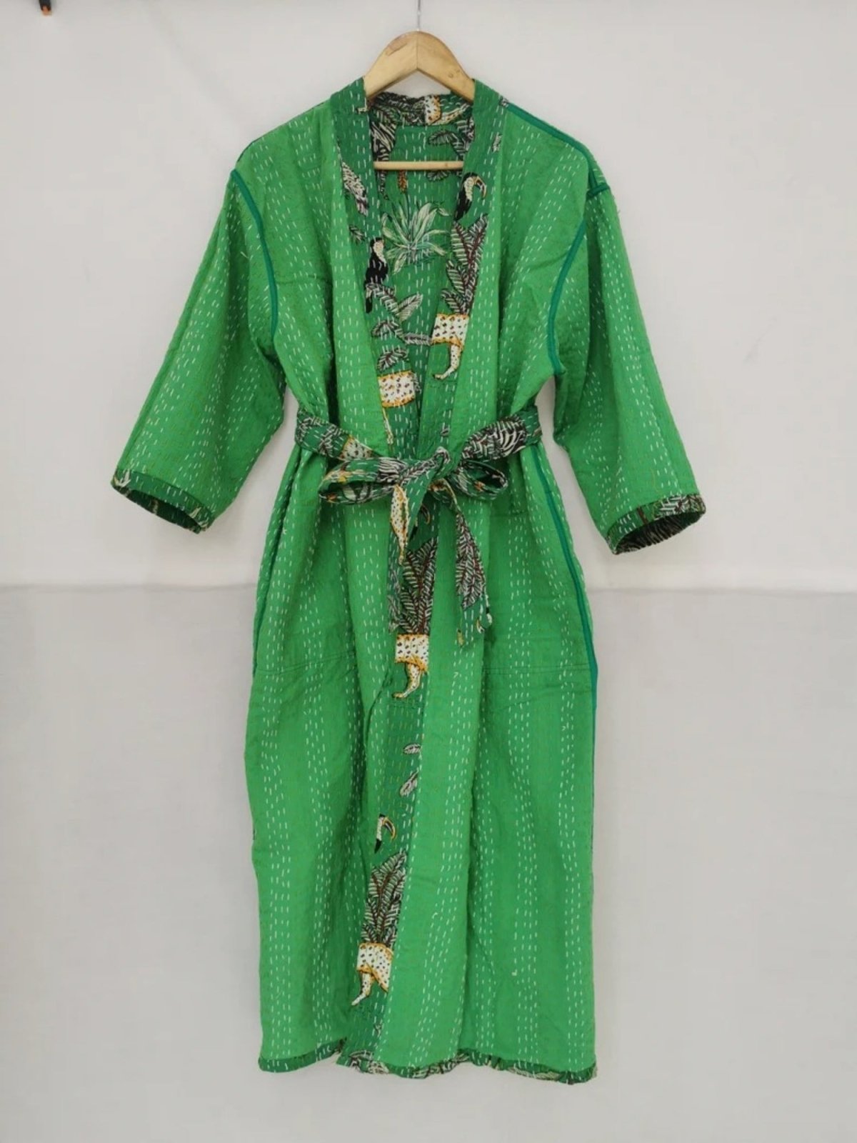 Women Reversible Long Kimono Jacket Kantha Stitch 100% Cotton | Handmade Robe | For Her Anniversary Gift | Beautiful Green Cheetah Animal - The Eastern Loom