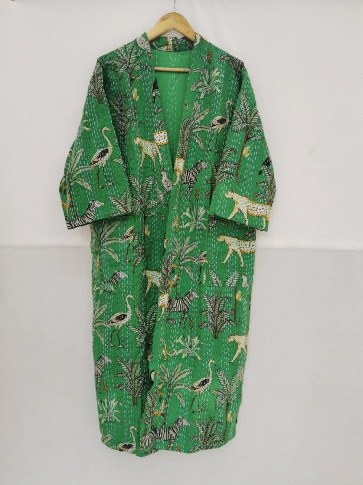 Women Reversible Long Kimono Jacket Kantha Stitch 100% Cotton | Handmade Robe | For Her Anniversary Gift | Beautiful Green Cheetah Animal - The Eastern Loom