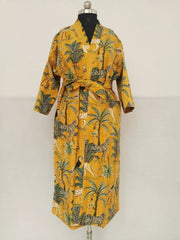 Women Reversible Long Kimono Jacket Kantha Stitch 100% Cotton | Handmade Robe | For Her Anniversary Gift | Beautiful Mustard Cheetah Animal - The Eastern Loom