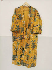Women Reversible Long Kimono Jacket Kantha Stitch 100% Cotton | Handmade Robe | For Her Anniversary Gift | Beautiful Mustard Cheetah Animal - The Eastern Loom