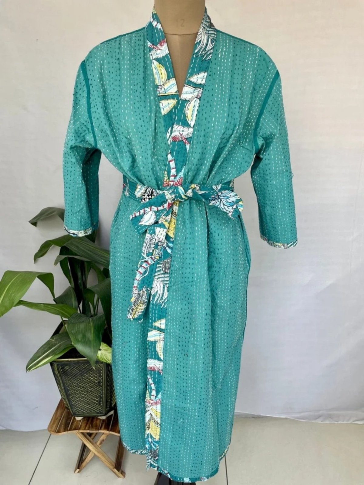 Women Reversible Long Kimono Jacket Kantha Stitch 100% Cotton | Handmade Robe | For Her Anniversary Gift | Beautiful Turquoise Monkey Animal - The Eastern Loom