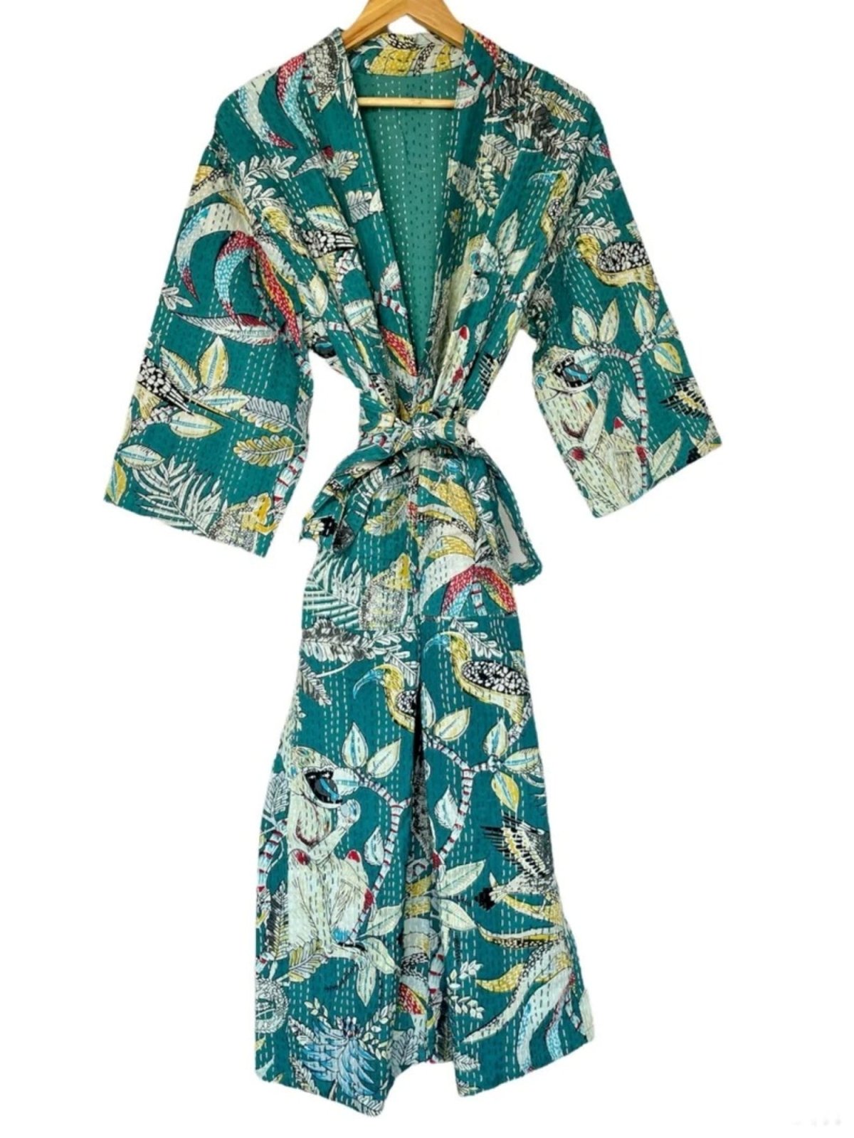 Women Reversible Long Kimono Jacket Kantha Stitch 100% Cotton | Handmade Robe | For Her Anniversary Gift | Beautiful Turquoise Monkey Animal - The Eastern Loom