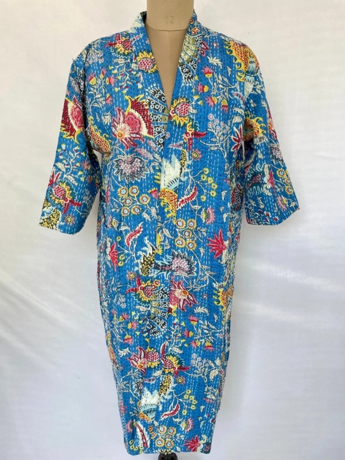 Women Reversible Long Kimono Jacket Kantha Stitch 100% Cotton | Handmade Robe | Her Anniversary Gift | Pastel Blue Jungle Floral Print - The Eastern Loom